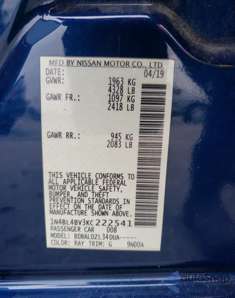 2019 Nissan Altima S from USA, damaged, VIN 1N4BL4BV3KC222541
